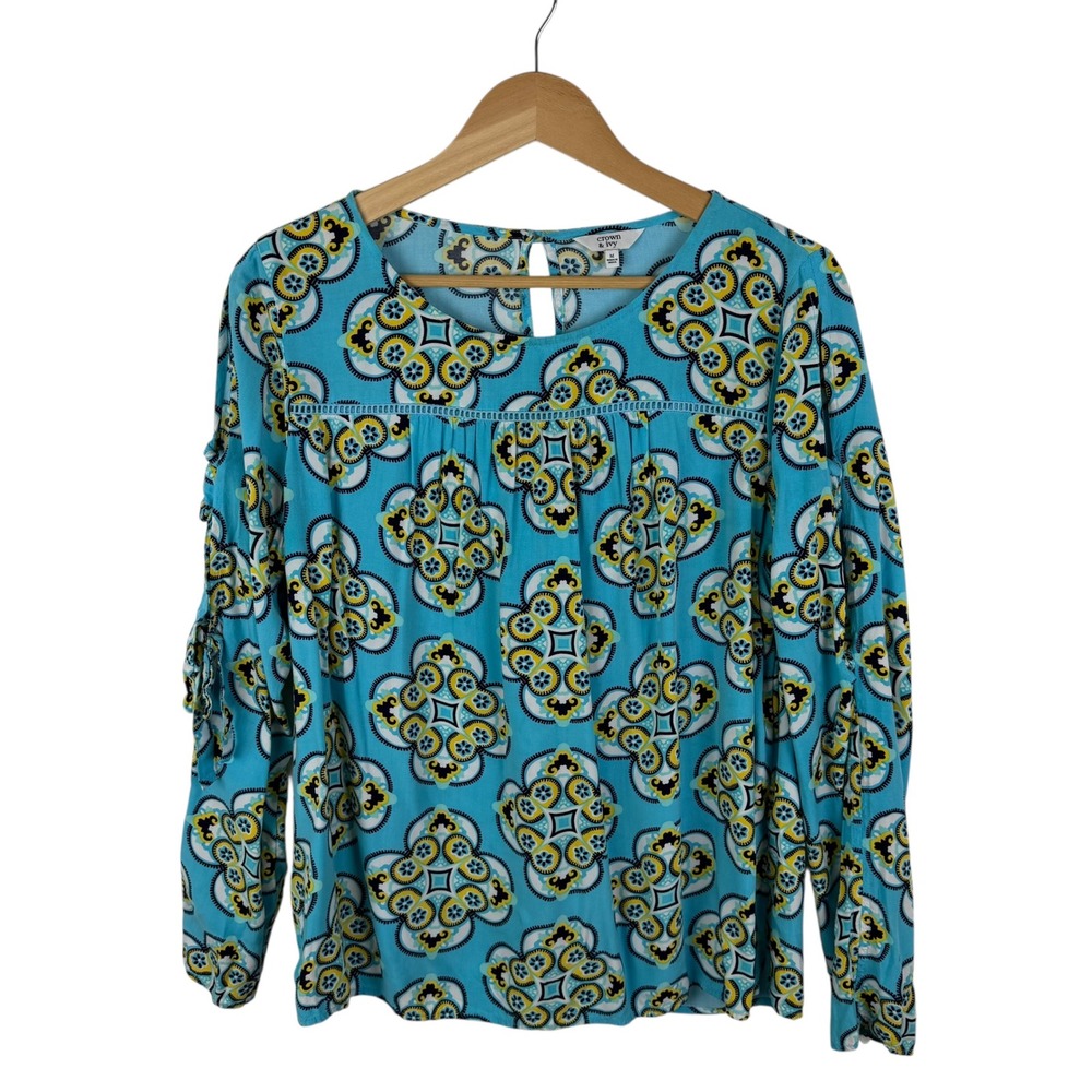 Crown & Ivy Floral Medallion Print Blouse Medium Blue Multi Peasant Boho Coastal